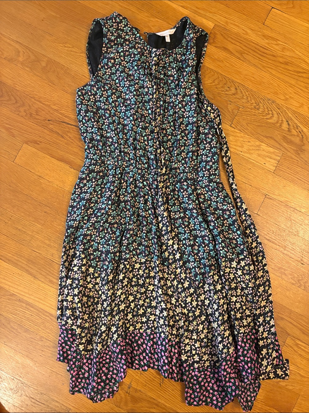 Rebecca Taylor Navy Floral Midi Dress with Multicolor Blossoms